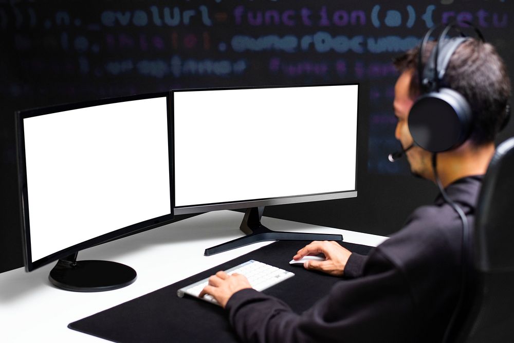 Male IT programmer working on blank screen computer