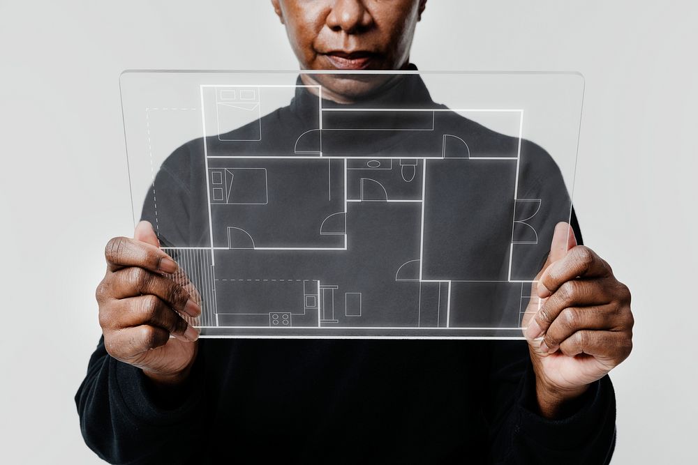 Architect using transparent tablet mockup psd manufacturing technology