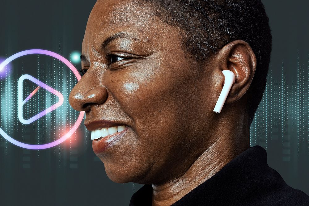 Woman wearing wireless earbuds mockup psd smart technology