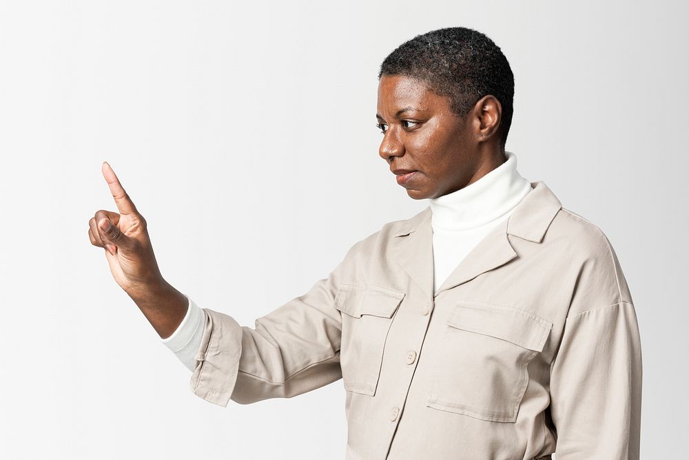 Woman pointing out with index finger