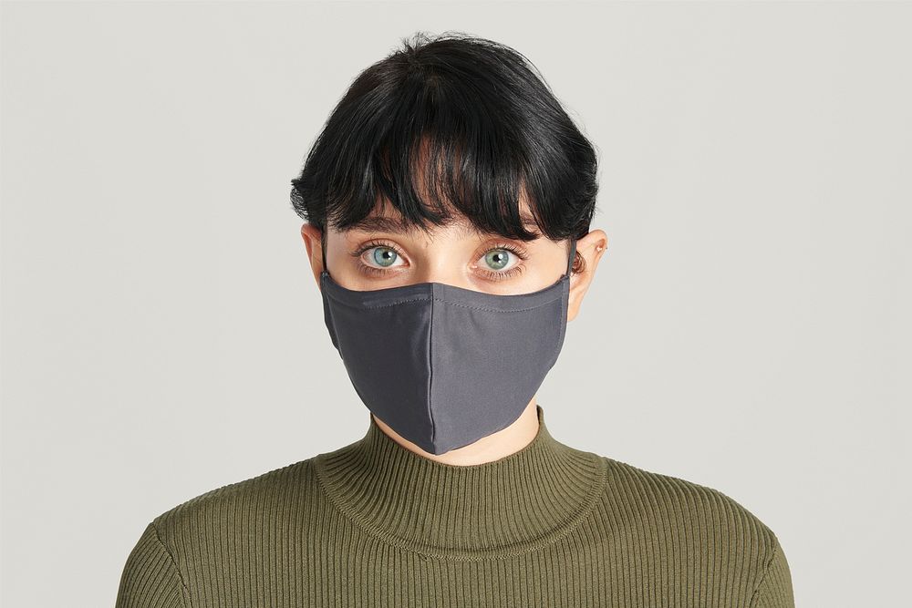 Woman in face mask mockup and green tutle neck sweater 