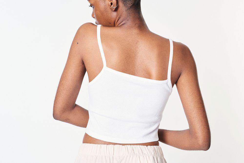 Black woman in a white singlet top mockup