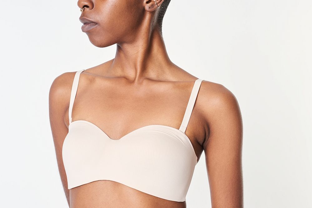 Black woman in a beige wireless bra mockup