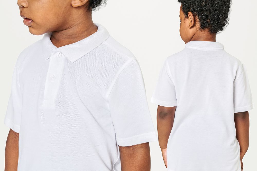 Black boy in white collar t shirt psd mockup front and back