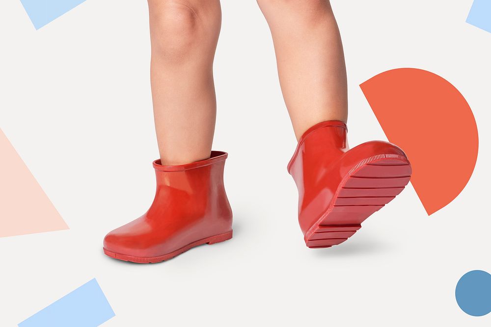 Psd boy with red rain boots mockup close up
