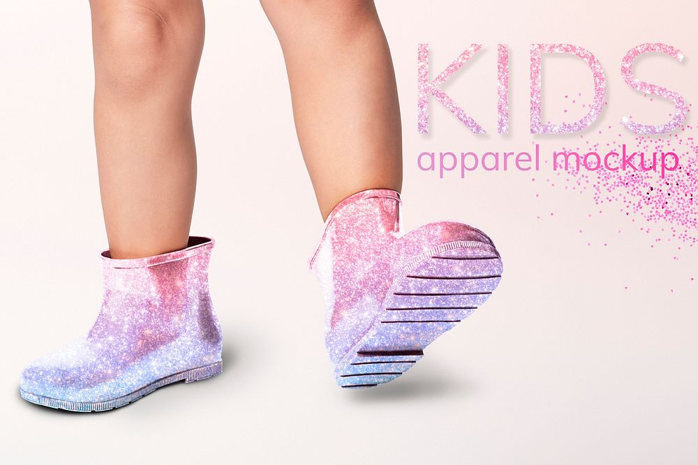 Psd girl with glitter rain boots mockup close up