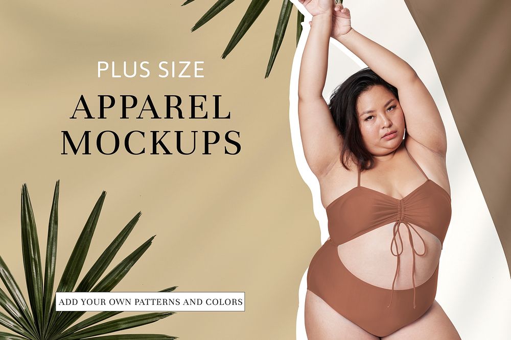 Plus size psd women&rsquo;s brown swimsuit apparel mockup template