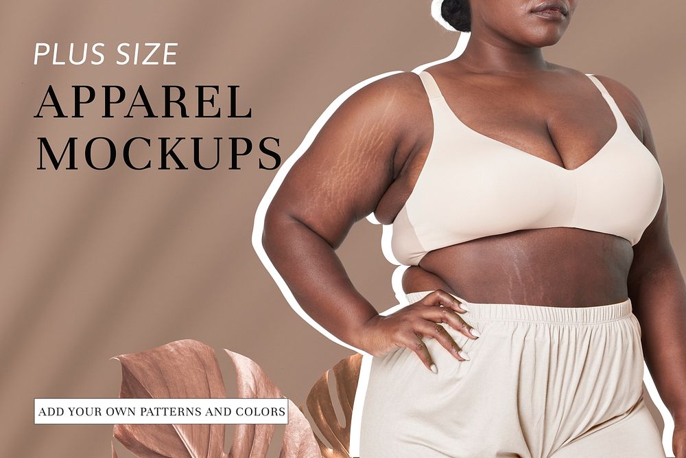 Plus size women&rsquo;s beige lingerie mockup promotional template