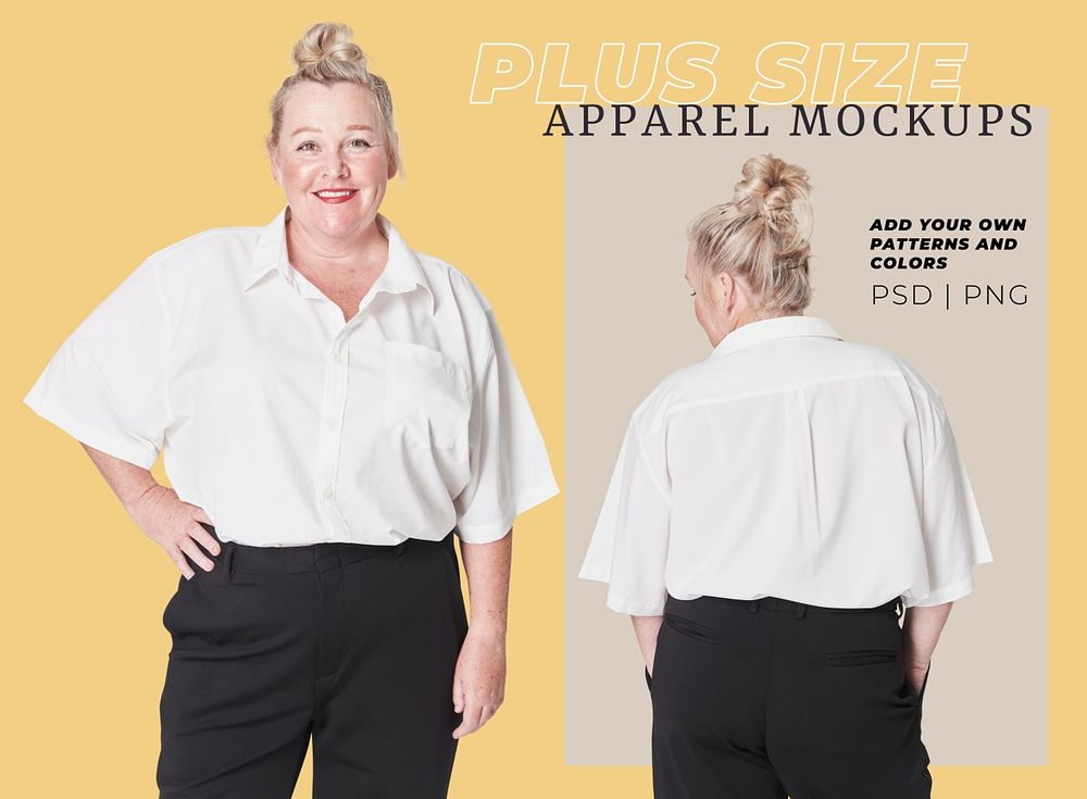 Plus size woman model white shirt apparel template mockup psd