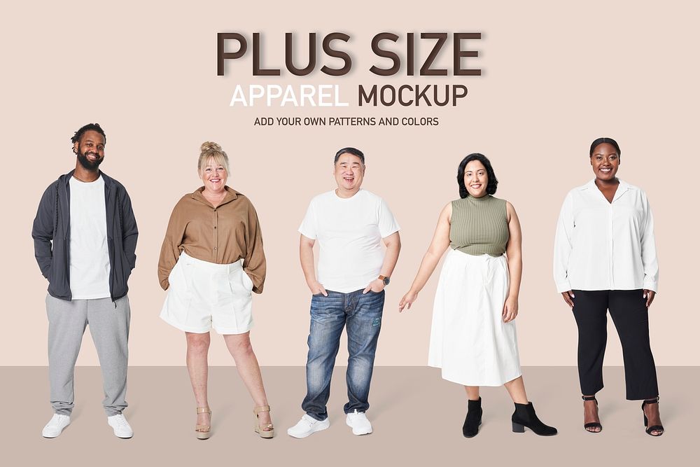 Plus size diverse models outfit apparel psd mockup studio shot