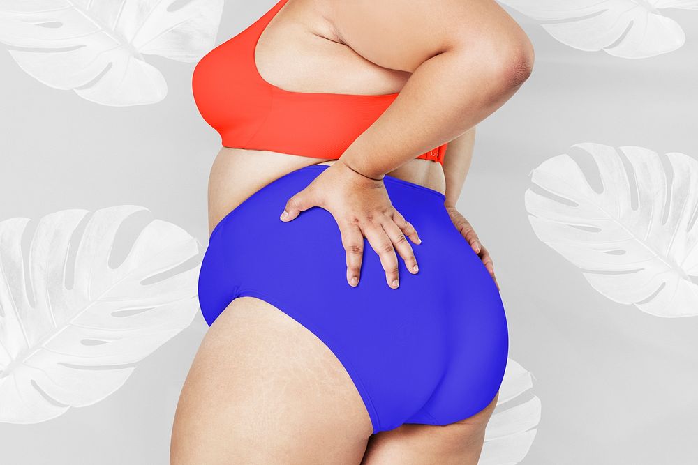 Body positivity psd curvy woman red and blue lingerie mockup