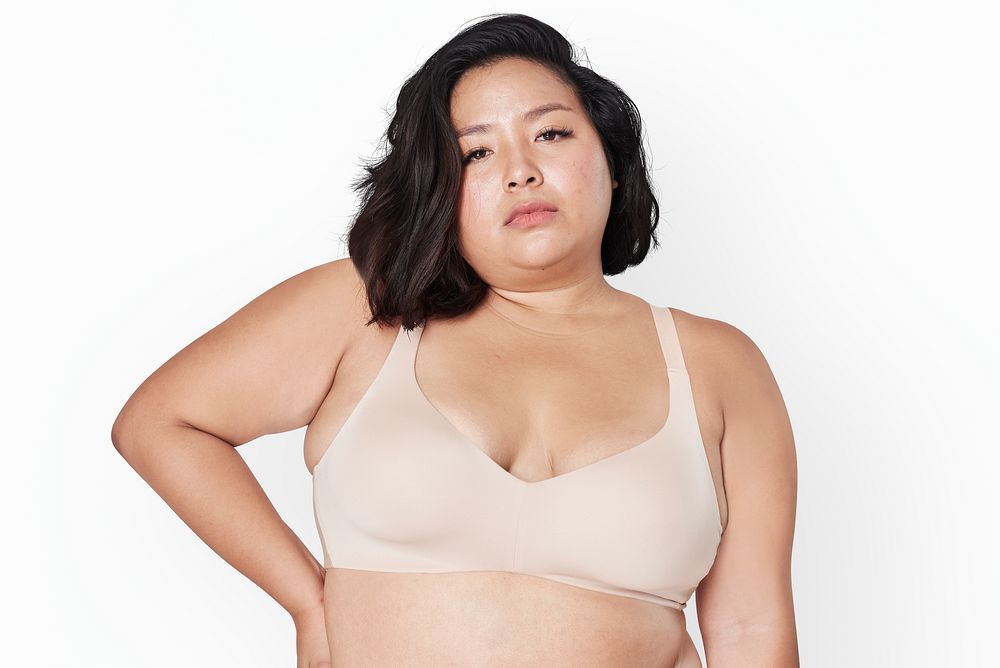 Size inclusive women's fashion beige bra mockup studio shot