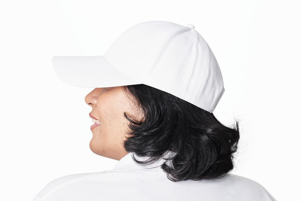 Plus size apparel psd white cap mockup studio shot
