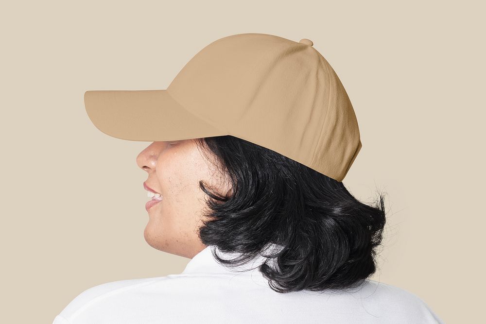 Women's brown cap mockup psd back facing fashion shoot in studio