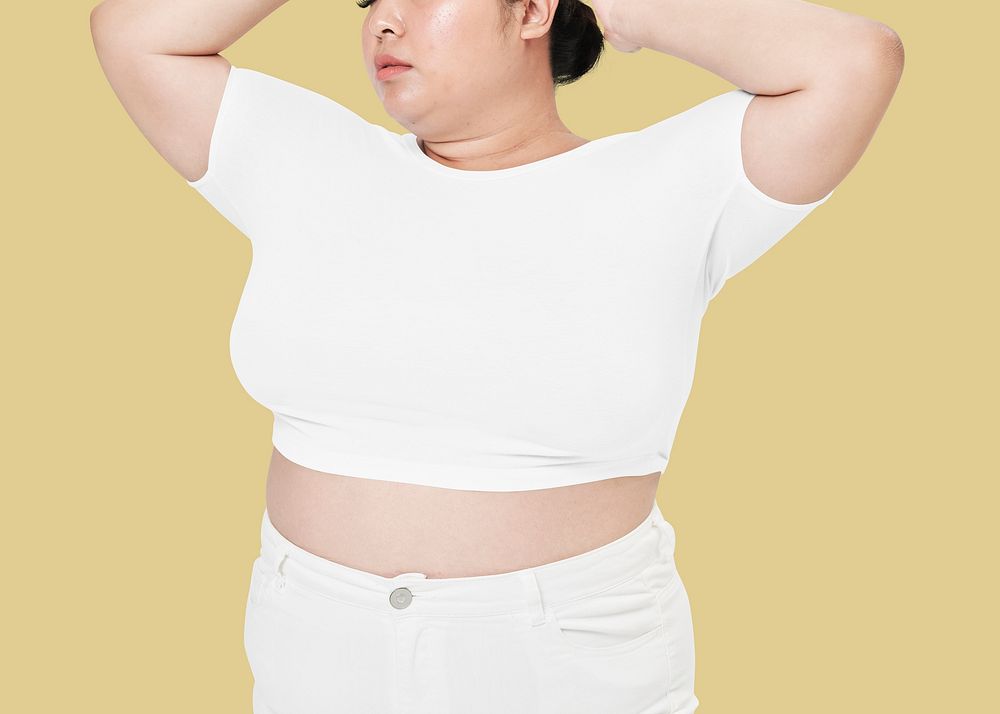 Size inclusive women&rsquo;s fashion white crop top mockup studio shot