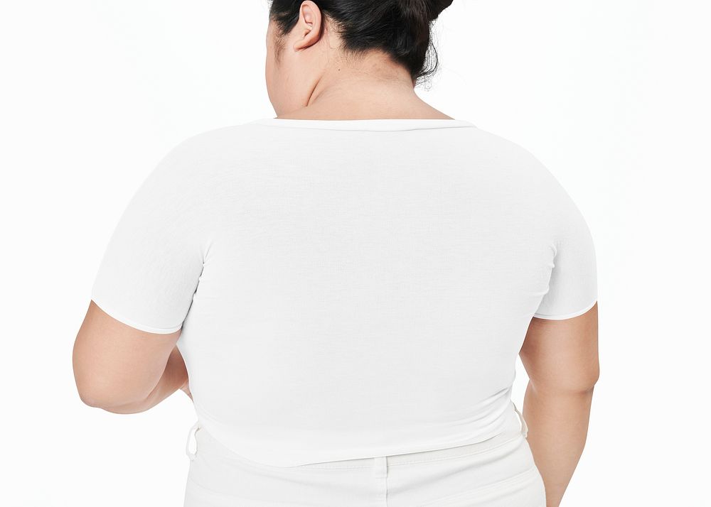 Size inclusive fashion psd white crop top model facing backward mockup
