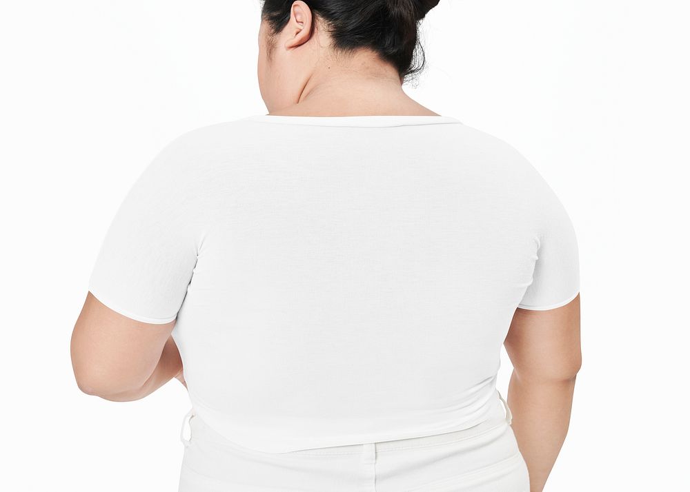 Size inclusive fashion white crop top model facing backward mockup