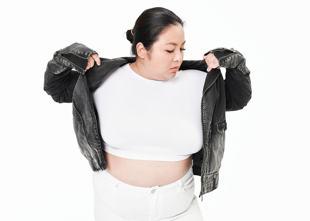 Women's white t-shirt jacket and jeans plus size fashion mockup psd studio shot