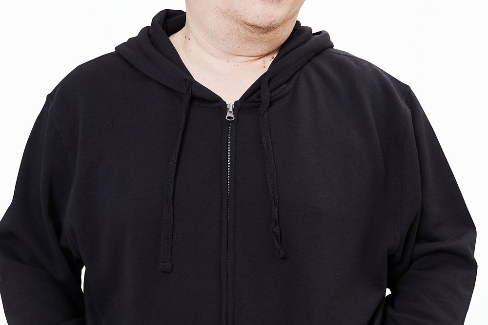 Men's black hoodie mockup fashion shoot in studio