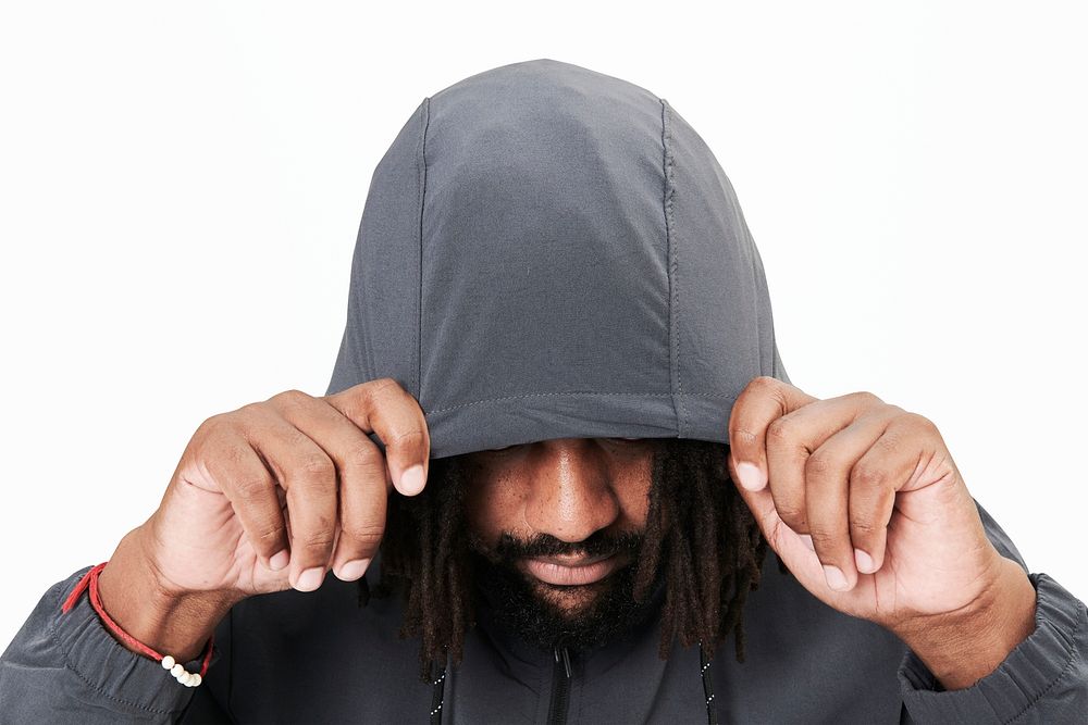 Men's gray hoodie mockup psd fashion shoot in studio