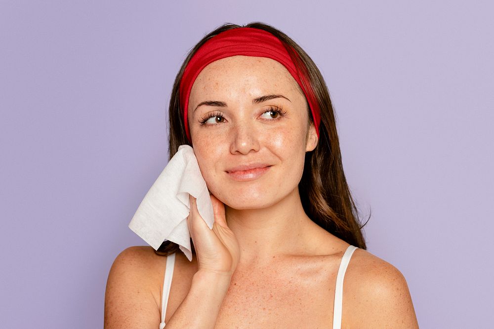 Makeup remover wipe, woman cleaning her face