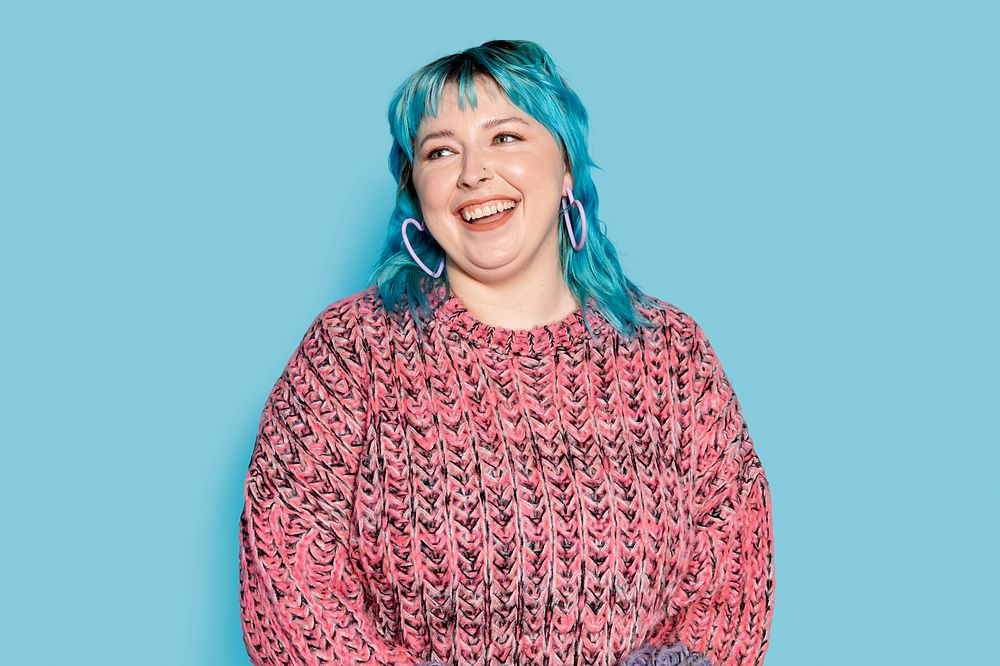 Happy woman with blue hair