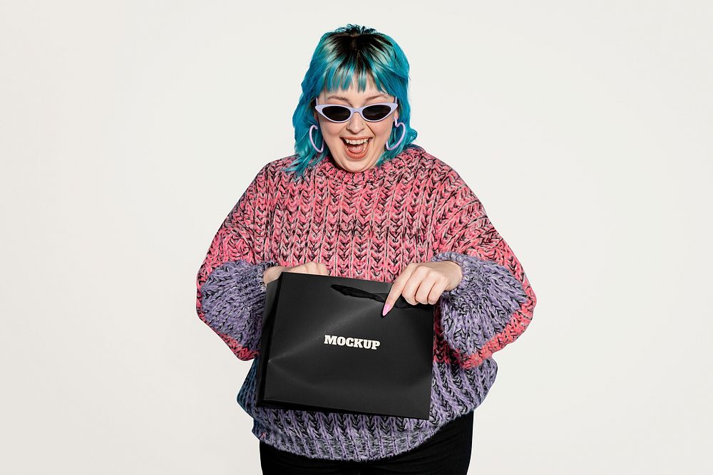 Shopping bag mockup, happy woman holding psd