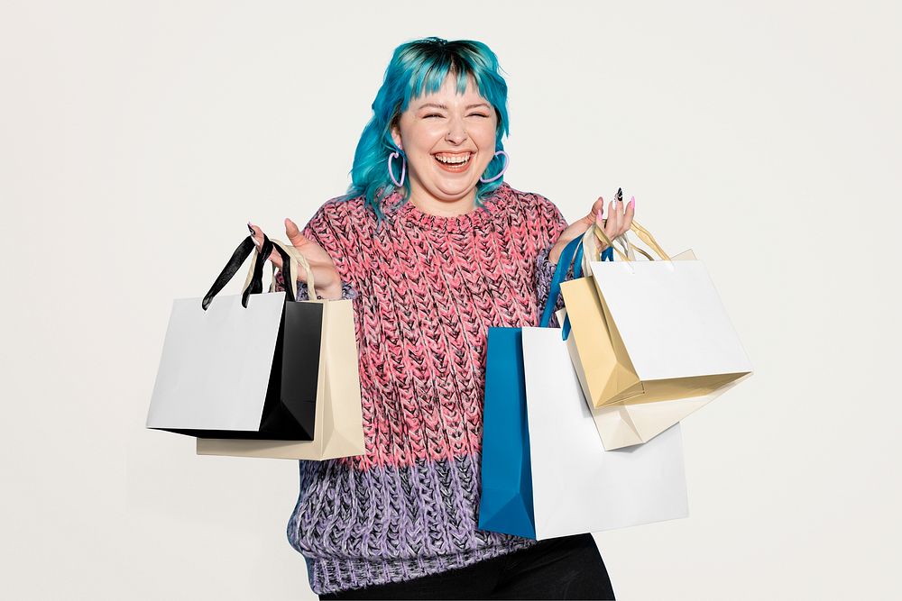 Blue hair woman with shopping bags