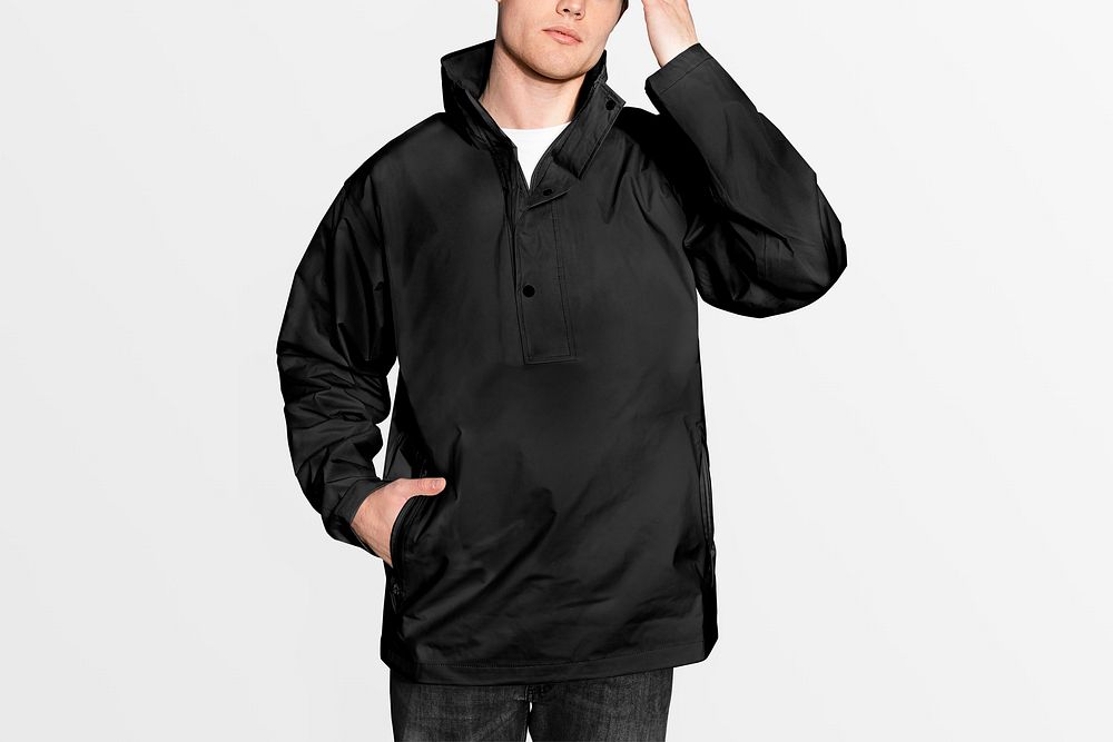 Men's black wind jacket, off white background