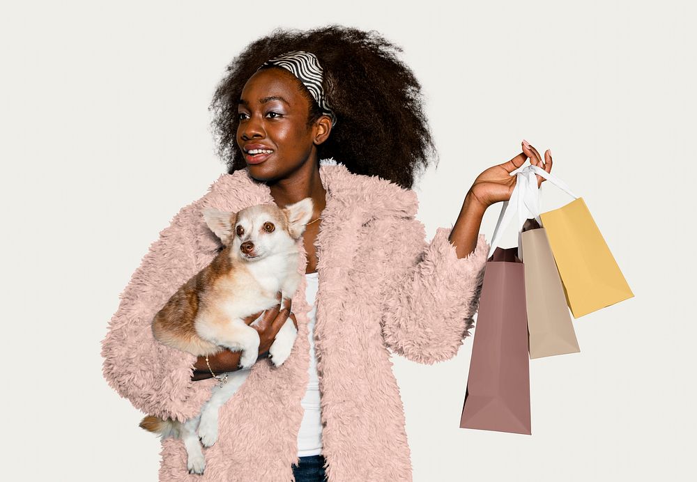 Funky woman with dog and shopping bags