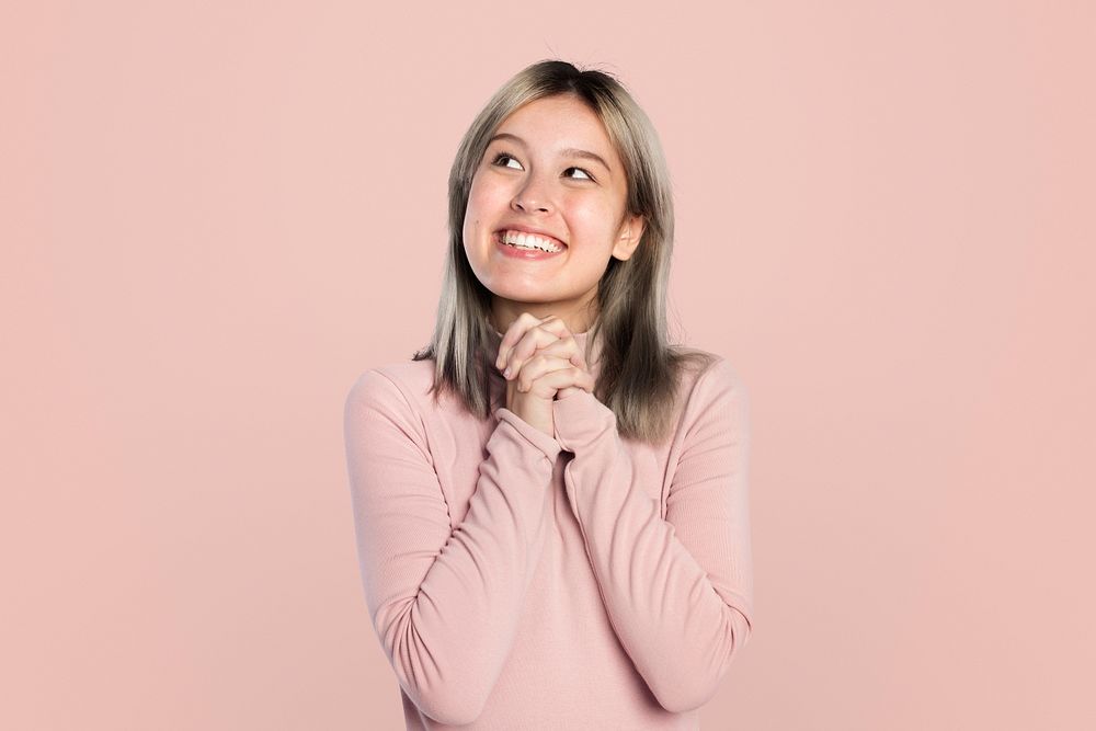 Happy woman mockup psd in a pink turtleneck