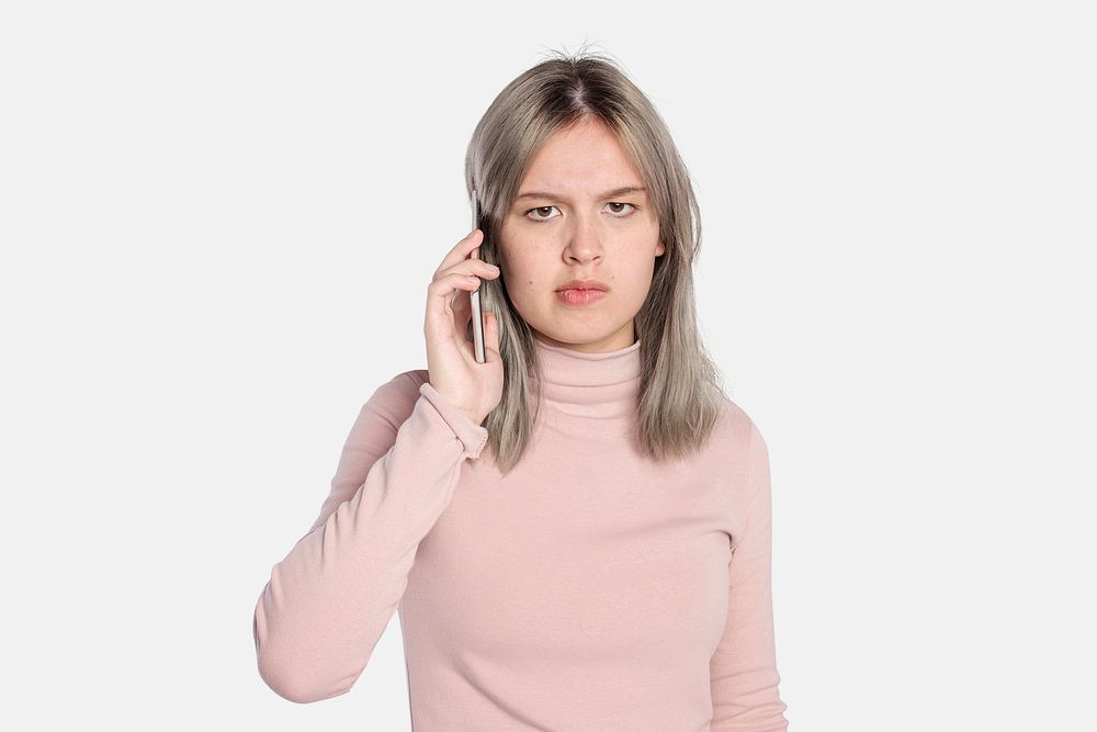 Annoyed woman psd mockup on a call