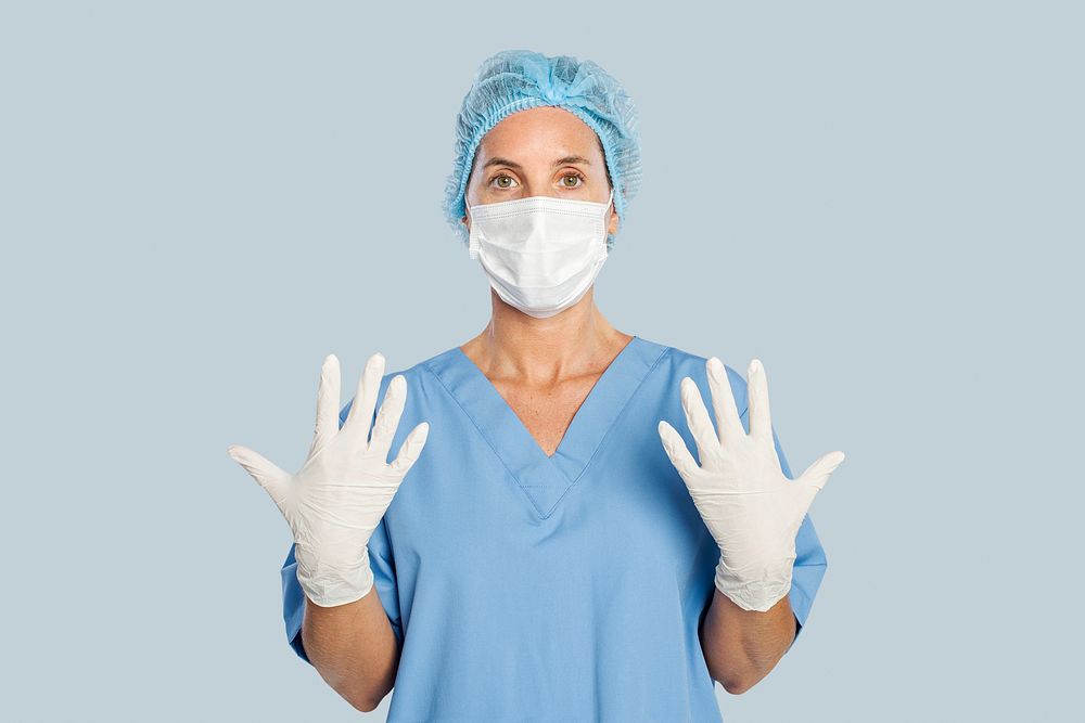Female surgeon mockup psd wearing medical gloves