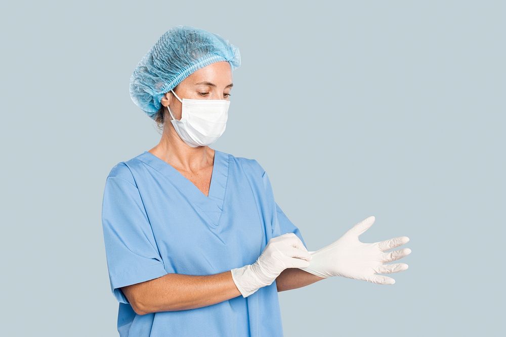 Female surgeon mockup psd wearing medical gloves