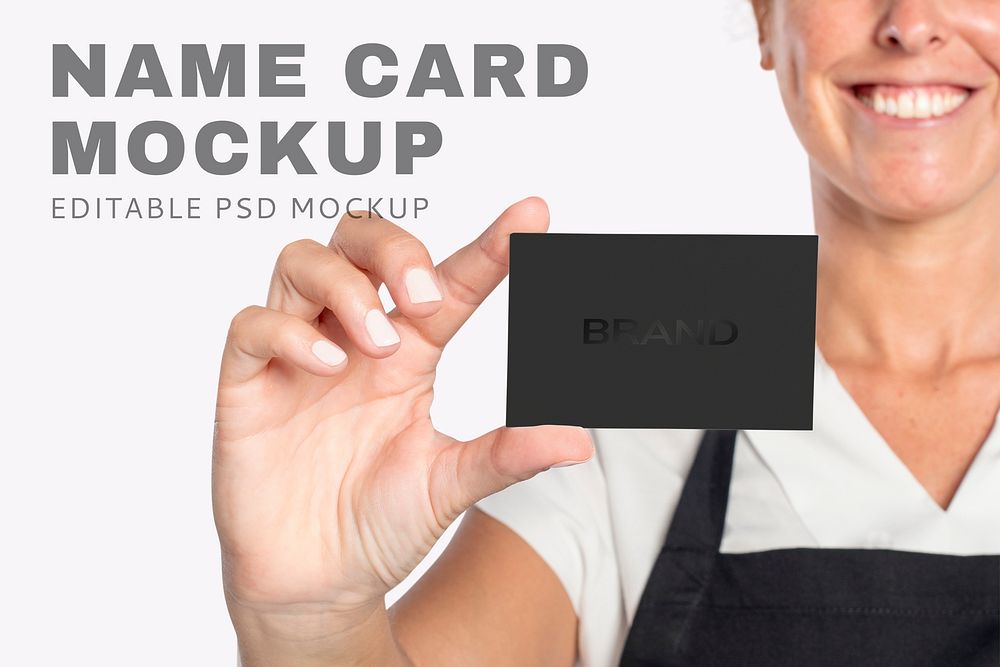 Business card mockup psd presented by a woman