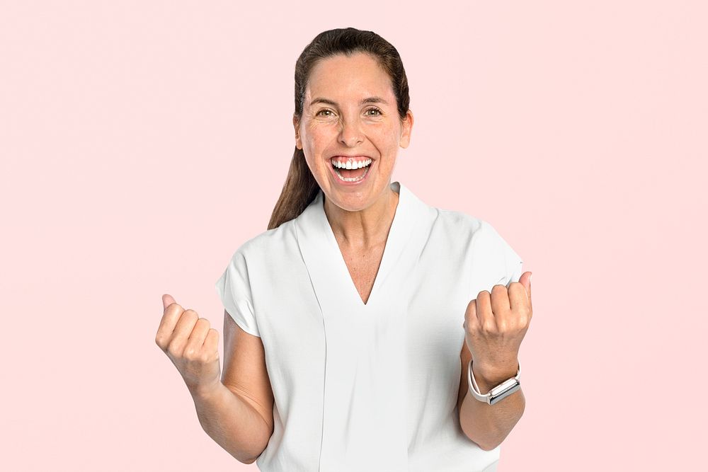 Successful woman mockup psd in a white shirt portrait