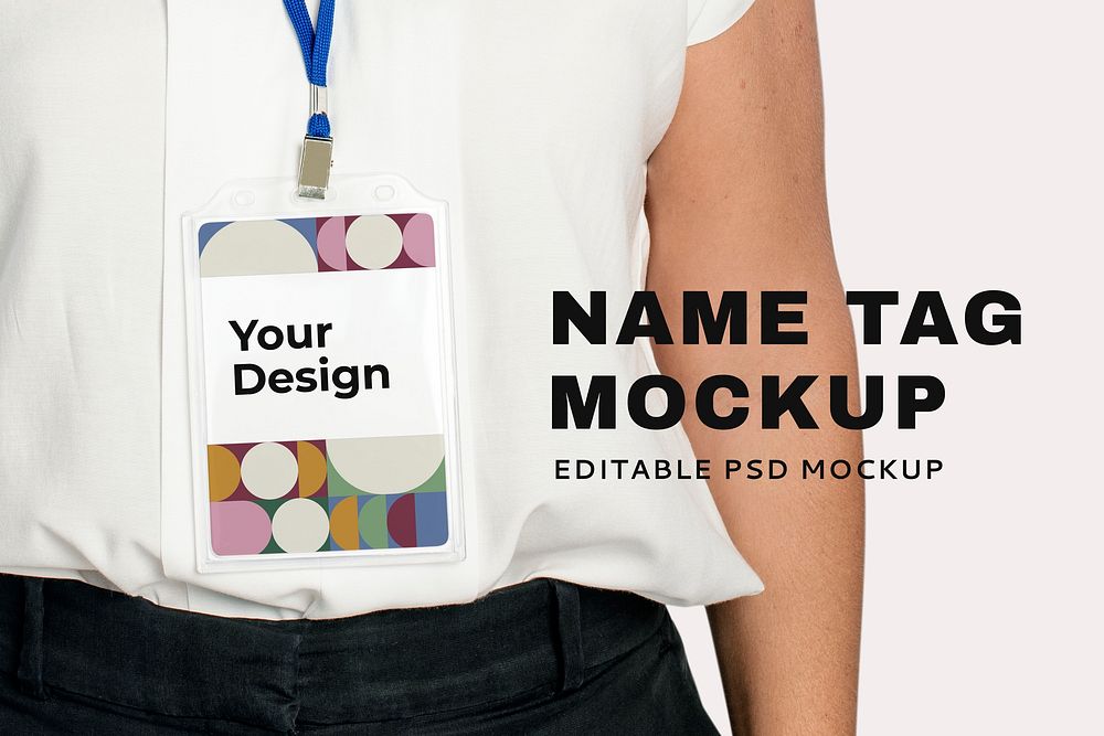 Name tag mockup psd with retro pattern