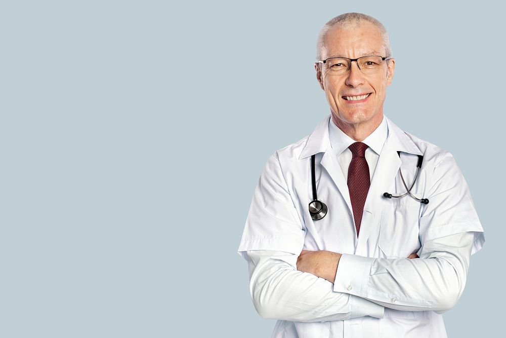 Cheerful male doctor mockup psd in a white gown portrait