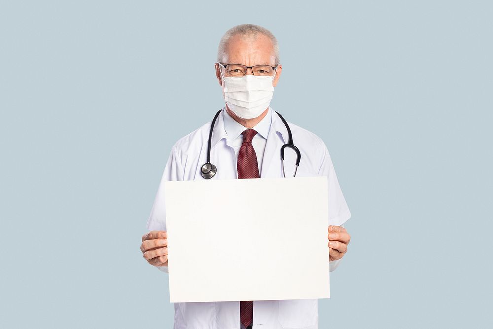 Male doctor mockup psd showing a blank sign board