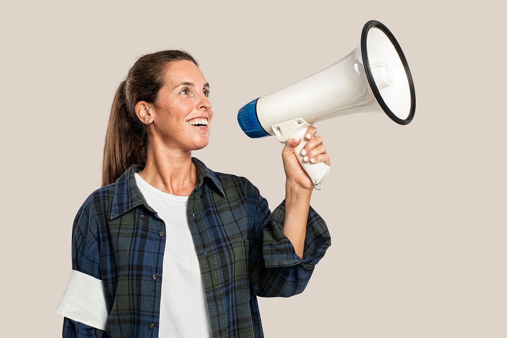 Female activist with a megaphone with design space