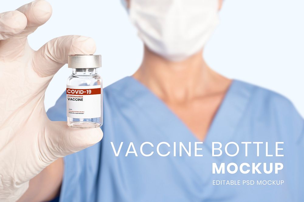 Vaccine bottle mockup psd in doctors hand