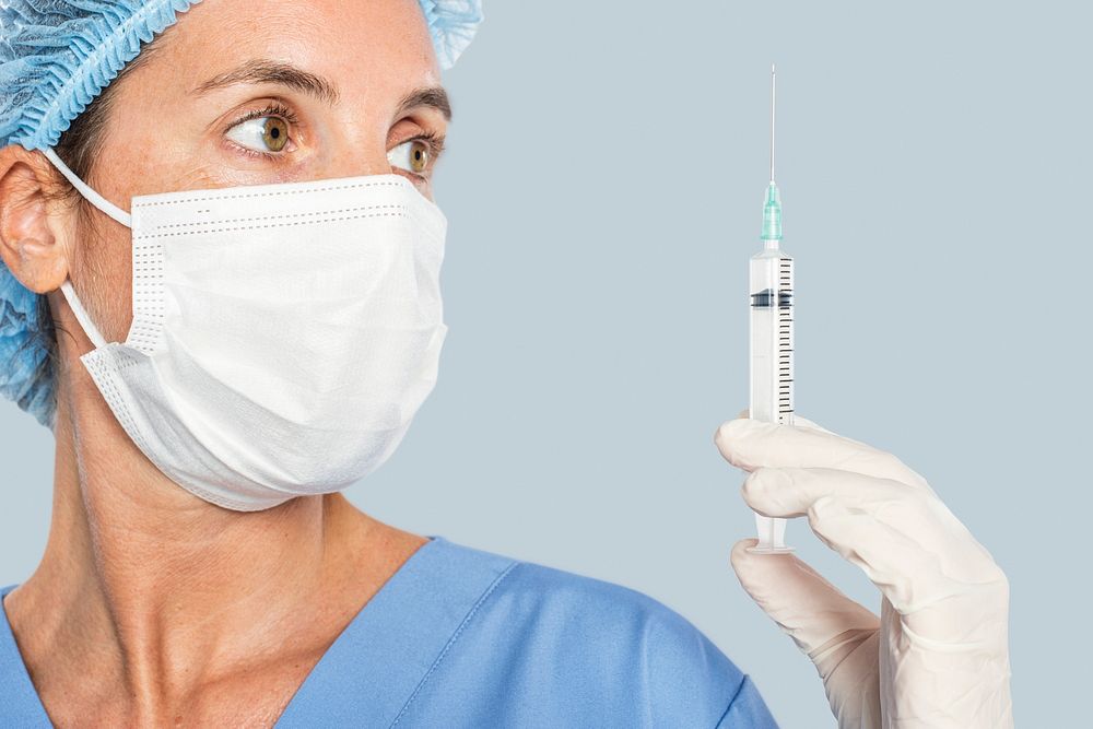 Female doctor mockup psd holding a syringe