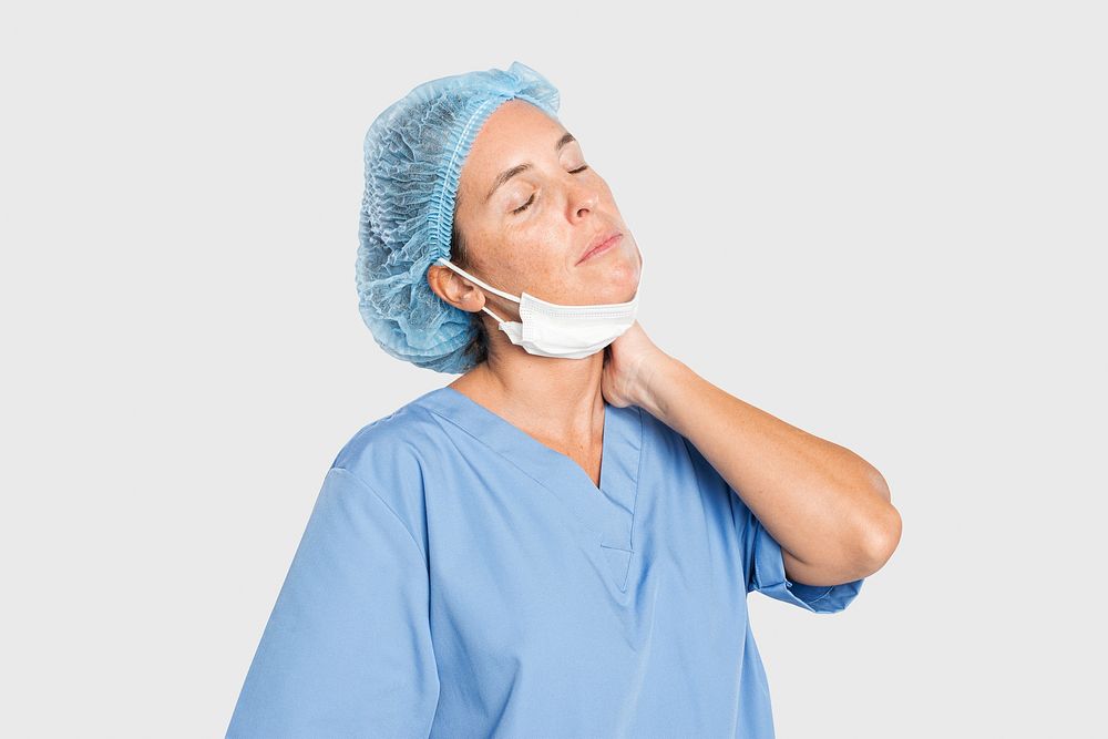 Tired female surgeon mockup psd in a blue gown