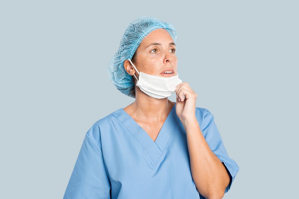 Tired female surgeon mockup psd in a blue gown