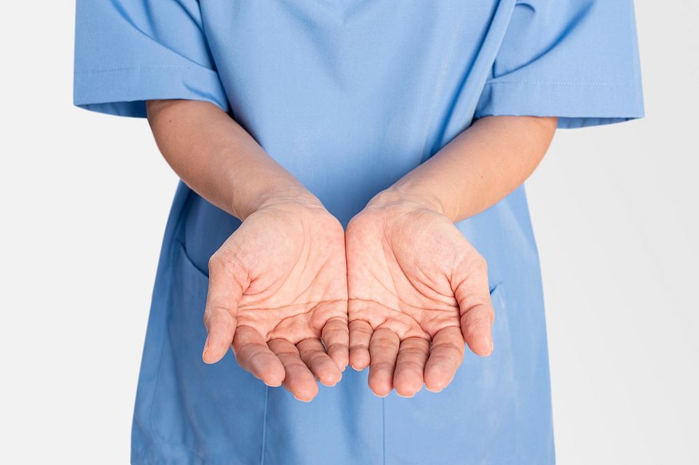 Female doctor mockup psd showing a support hand gesture