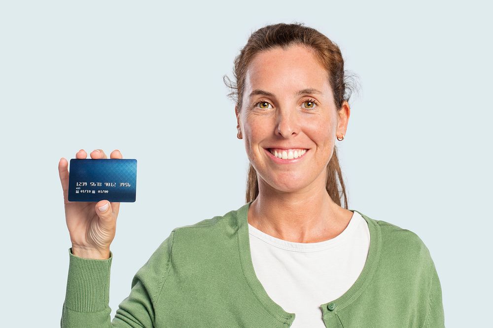 Credit card mockup psd presented by a woman