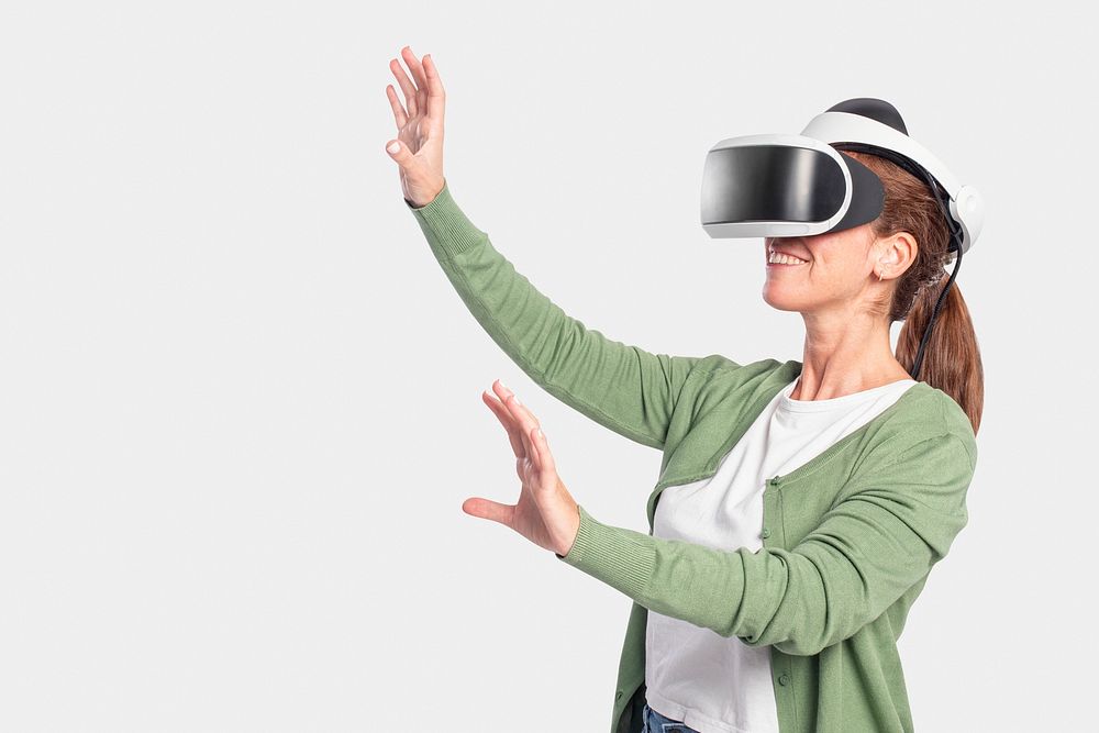 Woman mockup psd experiencing VR entertainment technology