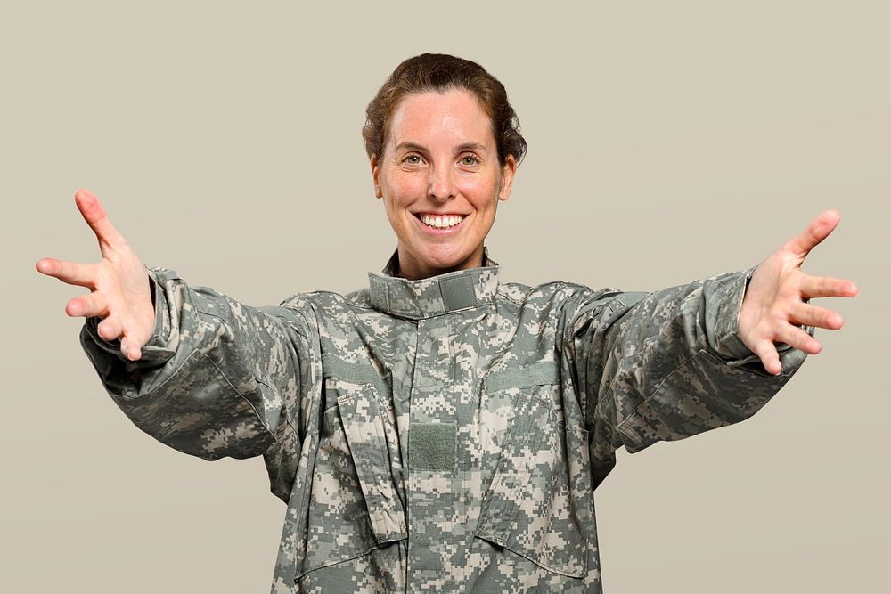 Female soldier mockup psd reaching out her arms