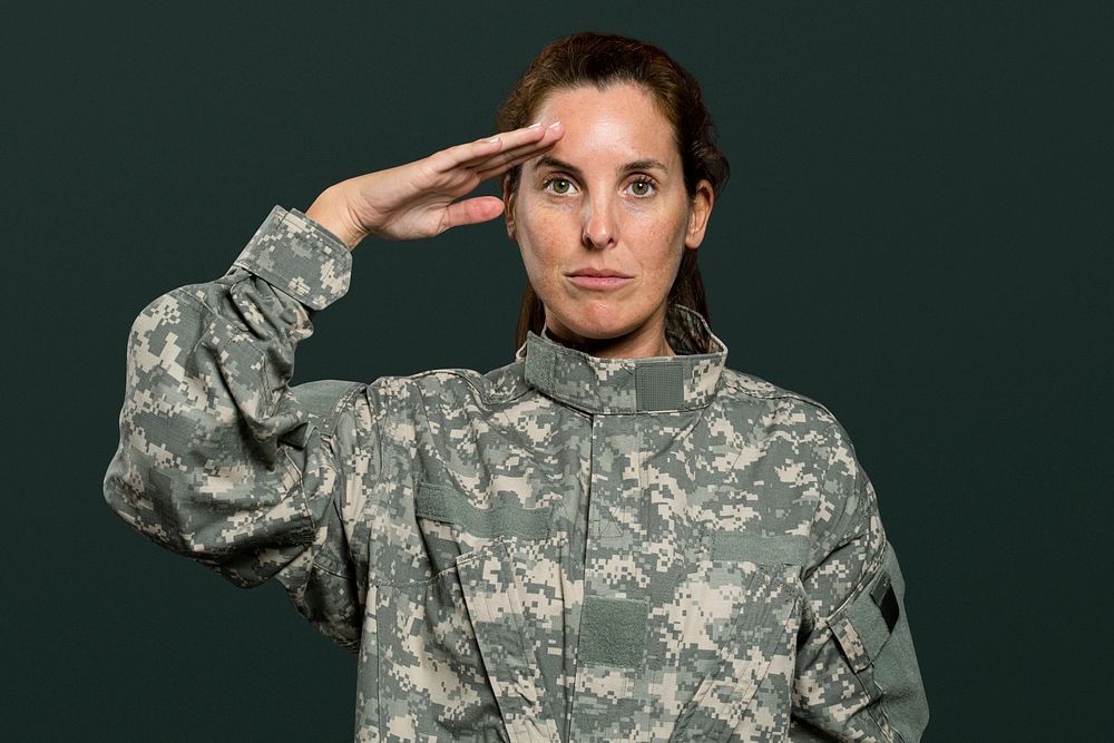 Female soldier mockup psd making a salute gesture