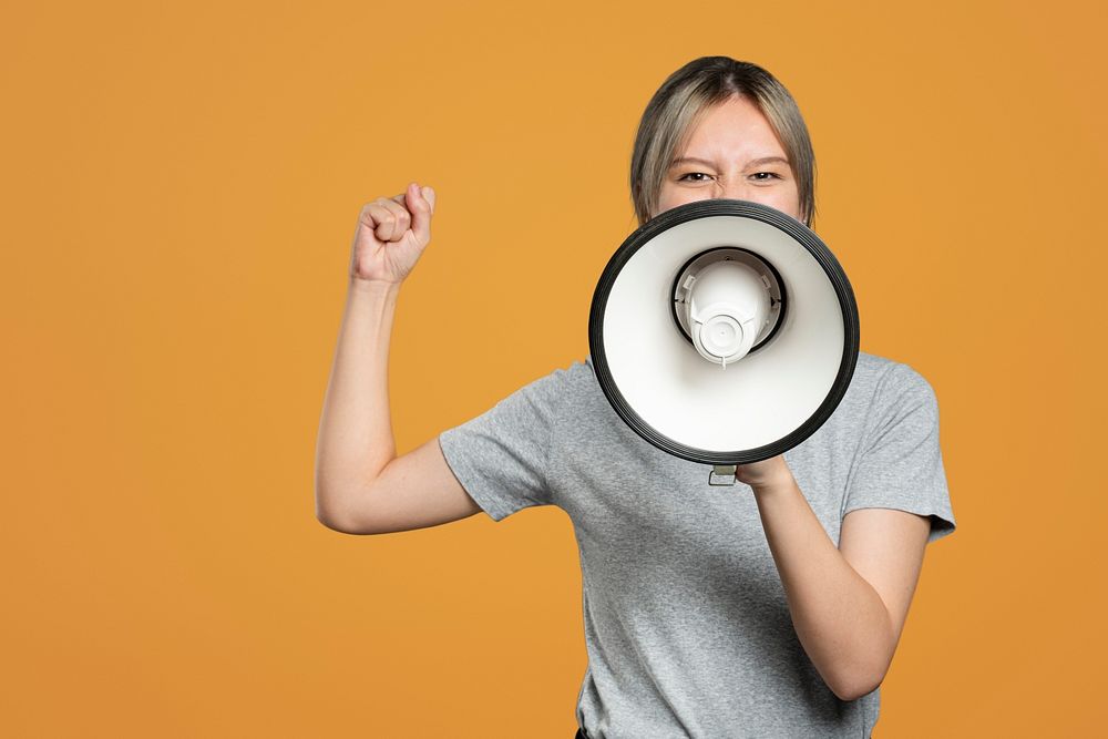 Female activist mockup psd with a megaphone